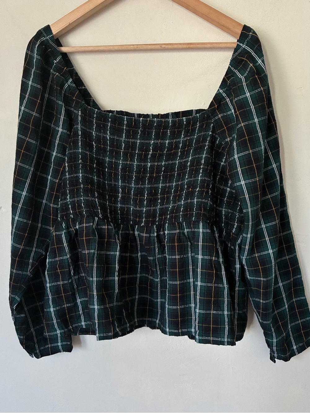 Old Navy XL Plaid Smocked Peplum Blouse Green Square Neck Top Dark Academia